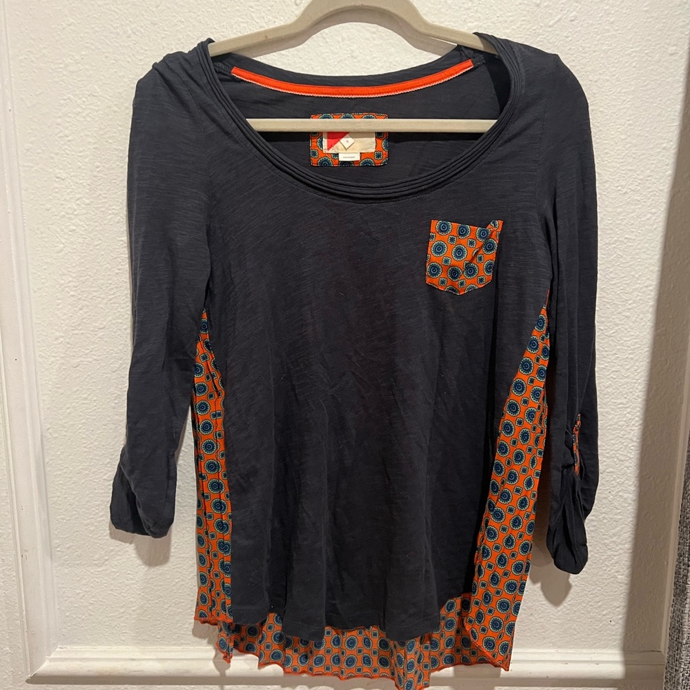 Anthropologie Asymmetrical Blue Black 3/4 Sleeve Tunic